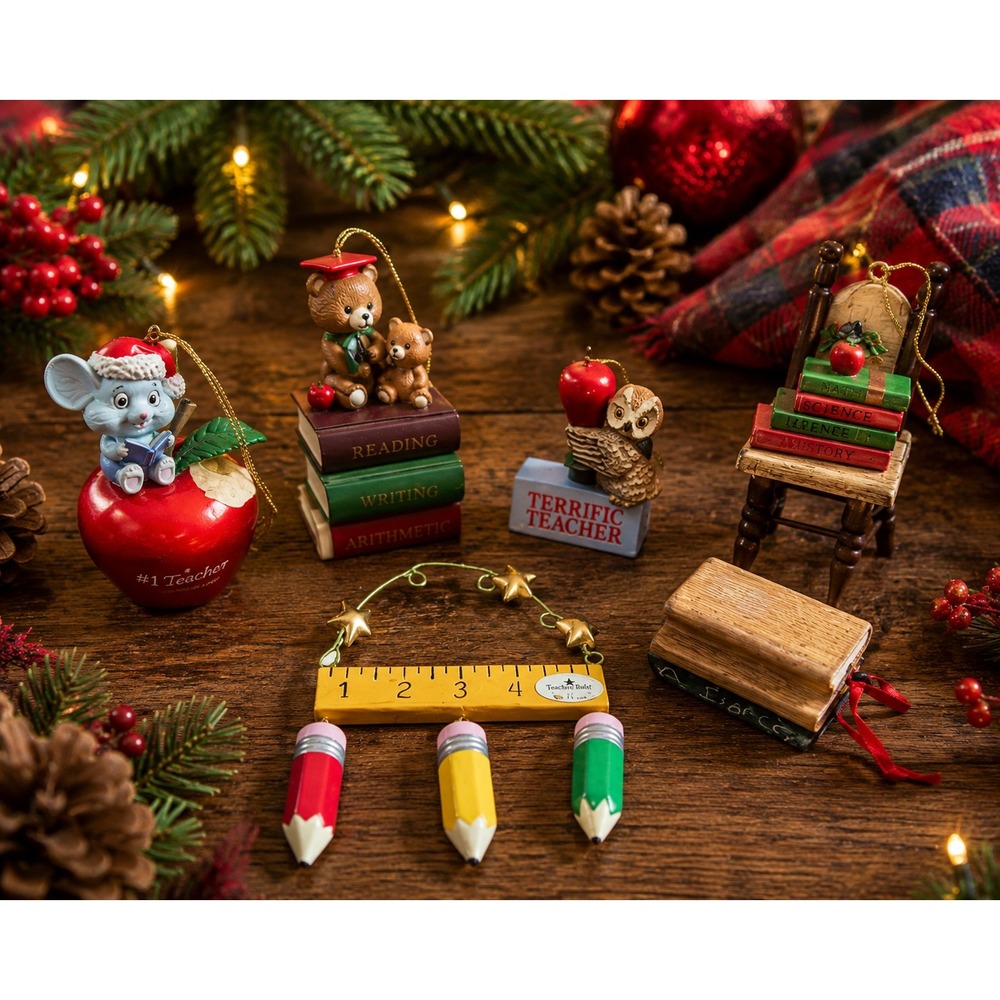 Vintage Teacher‎ Christmas Ornaments Lot School Books Apple Pencil Ruler 1990s